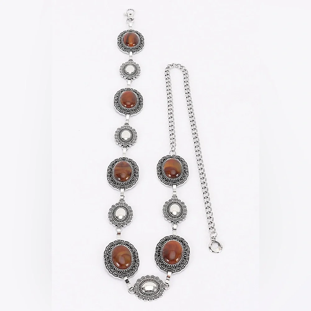 Gold Chain Medallion Waist Belt with Black Stones